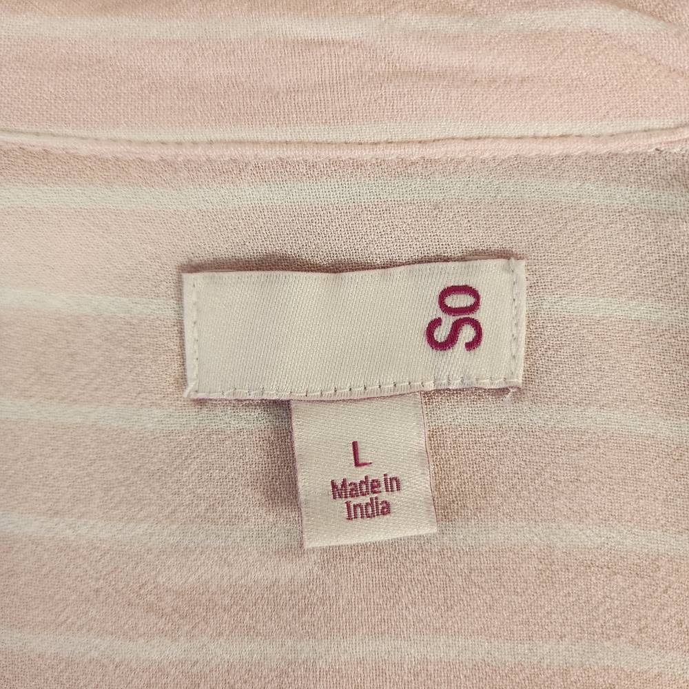 So Women's Sz L Pink And White Striped Tie Front Button Front Collared Blouse - Picture 4 of 9